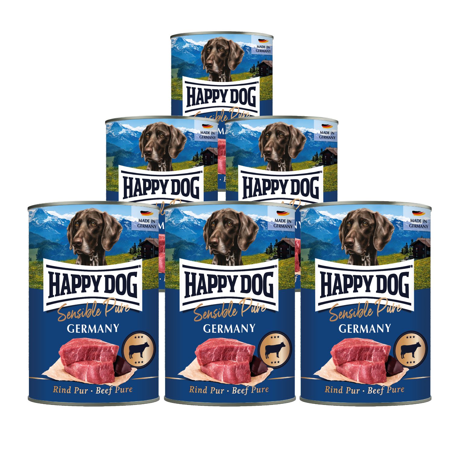 Dosenfutter für Hunde, mit dem Logo Happy Dog. Aufschrift: Sensible Pure Germany, Rind Pur. Abgebildet: Rindfleisch.