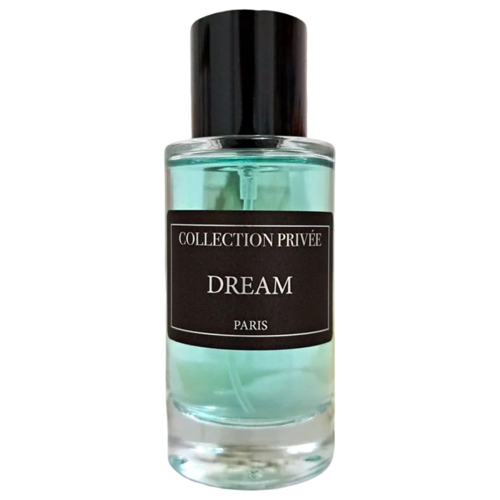 Glasflakon mit schwarzem Deckel. Schwarzes Etikett mit weißer Schrift: COLLECTION PRIVÉE DREAM PARIS. Hellgrüne Flüssigkeit.
