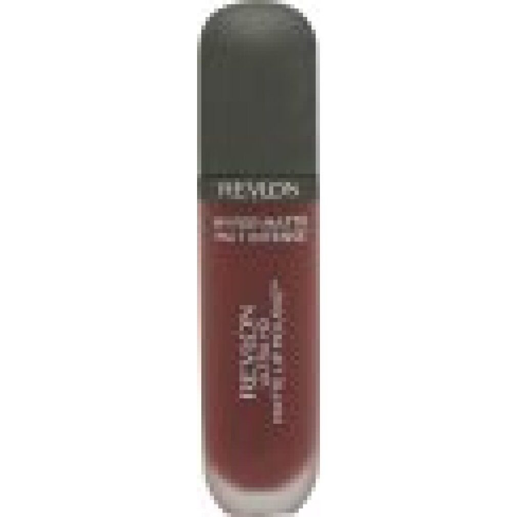 Revlon Ultra HD Matte Lip Color. Rostfarbener Behälter mit dunklem Deckel. Text: Hyper Matte, Mat Intense.