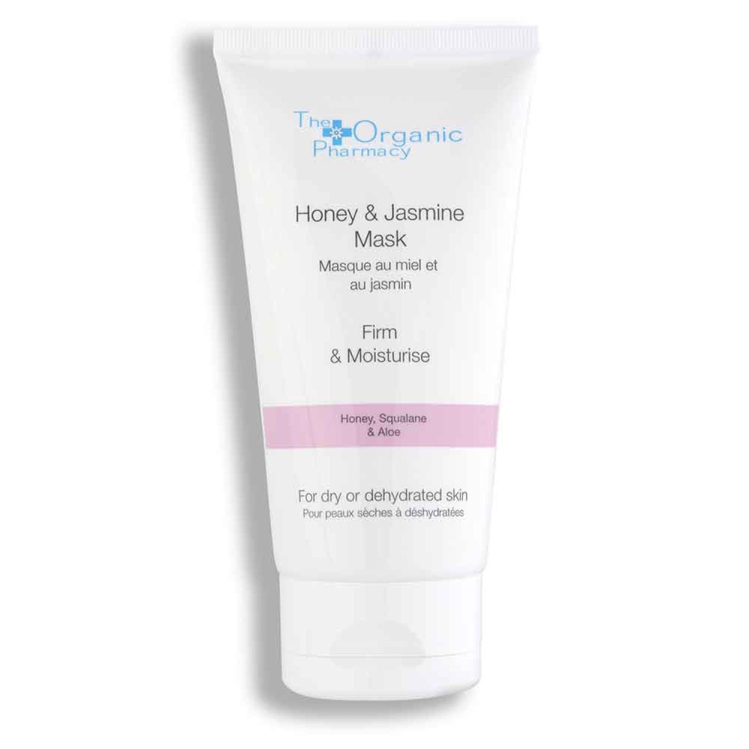 Weiße Tube mit Aufschrift Honey & Jasmine Mask. Text: Firm & Moisturise. Für trockene oder dehydrierte Haut.