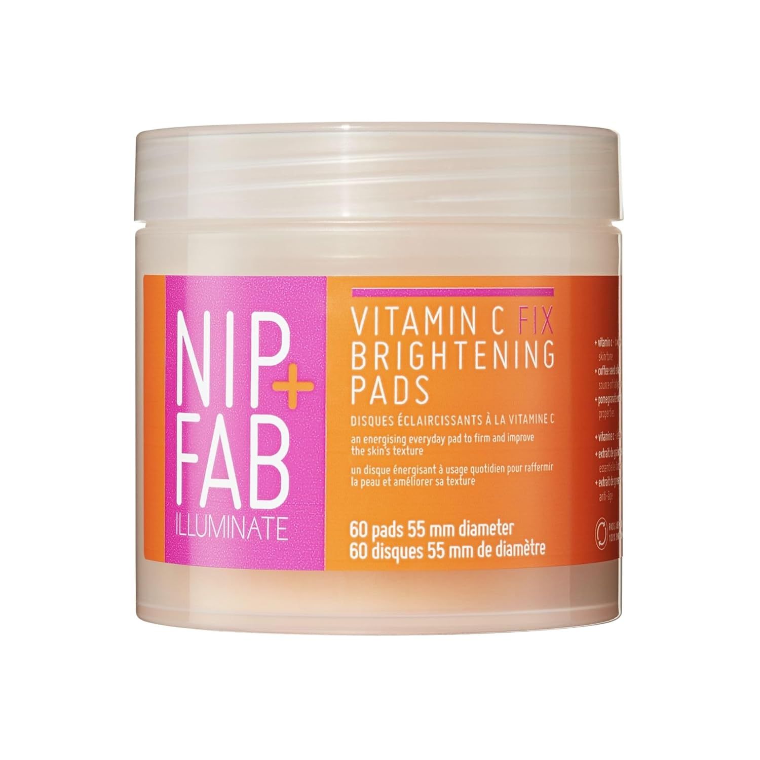 Behälter mit Nip+Fab Vitamin C Fix Brightening Pads. Aufschrift: 60 Pads, 55 mm Durchmesser.