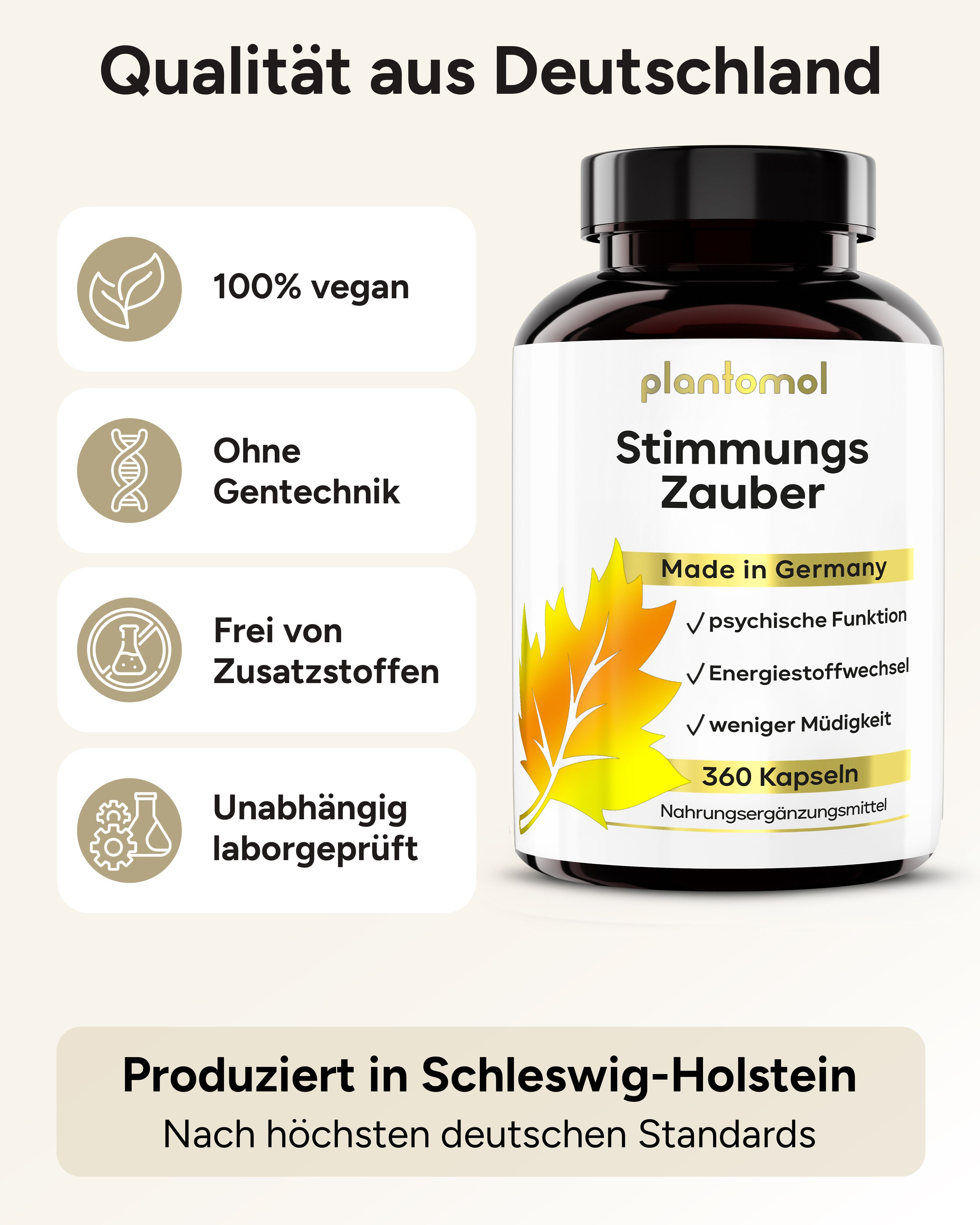 Produktflasche mit Logos: 100% vegan, ohne Gentechnik, ohne Zusatzstoffe, laborgeprüft. plantomol Stimmungszauber, 360 Kapseln.