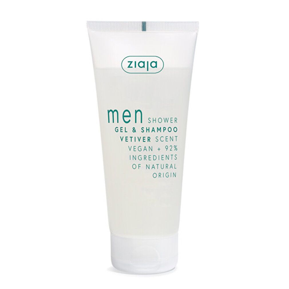 Ziaja Men Duschgel und Shampoo. Weiße Tube mit grünem Aufdruck. Enthält Vetiver-Duft. Vegan, 92% Inhaltsstoffe natürlichen Ursprungs.