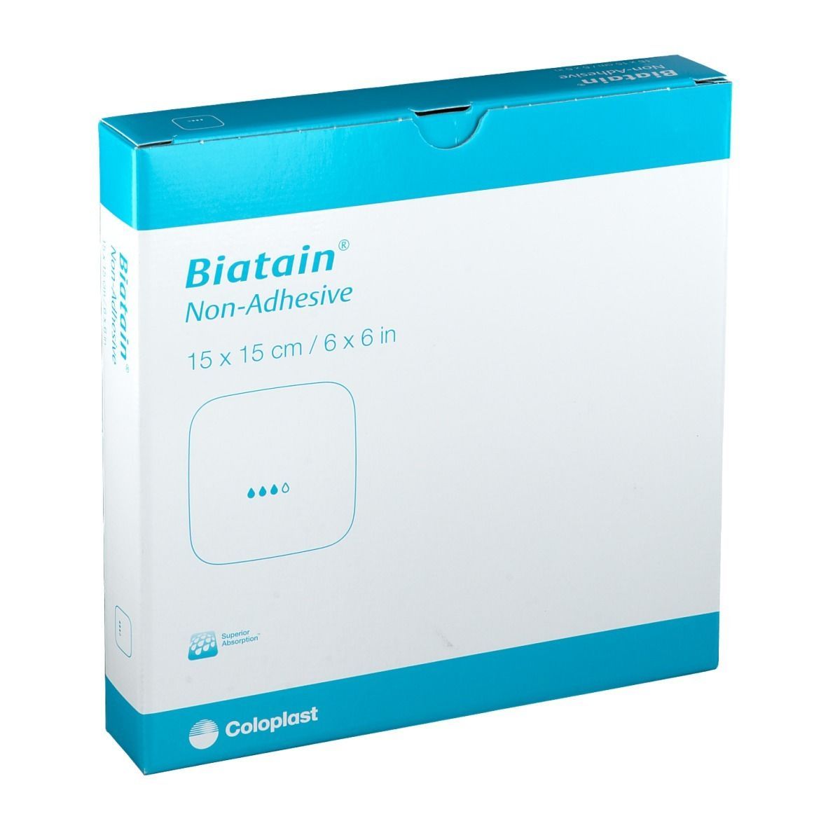 Verpackung von BIATAIN® Schaumverband, nicht-haftend, 15x15cm. Weiß-blaue Schachtel mit Produktinformationen und Logo.