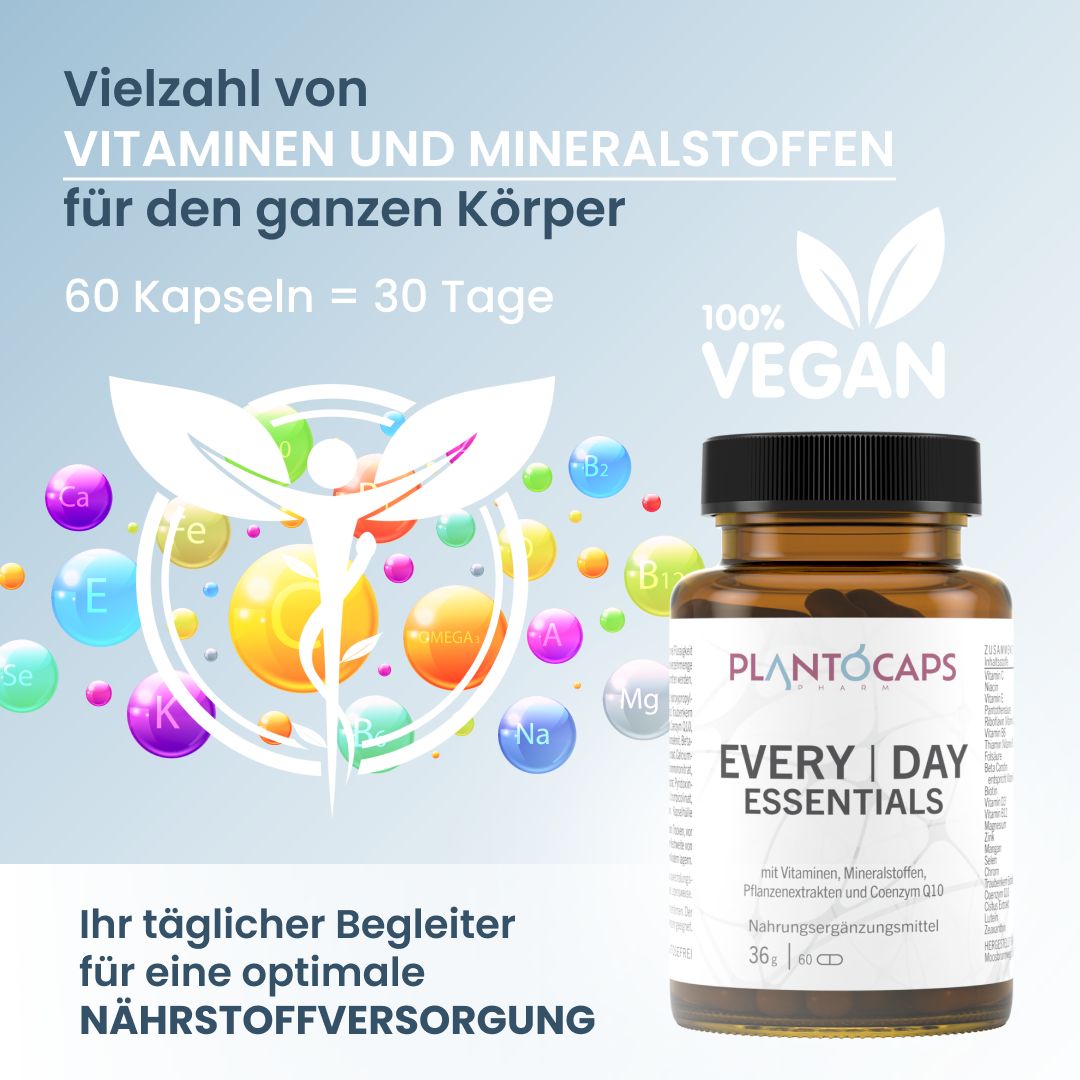 Produktflasche neben Illustration. Text: 100% VEGAN. Vielzahl Vitamine & Mineralstoffe. 60 Kapseln = 30 Tage. Ihr täglicher Begleiter.