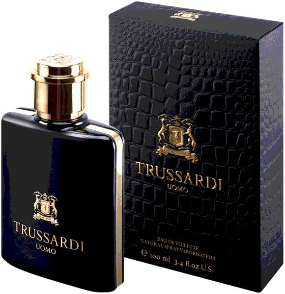 Schwarzer Flakon und Schachtel mit Krokodilmuster. Goldfarbener Verschluss. Aufschrift: Trussardi Uomo. 100 ml.