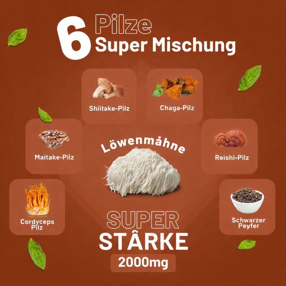 Grafik mit 6 Pilzarten: Shiitake, Chaga, Maitake, Reishi, Cordyceps, schwarzer Pfeffer. Text: Super Stärke 2000mg.
