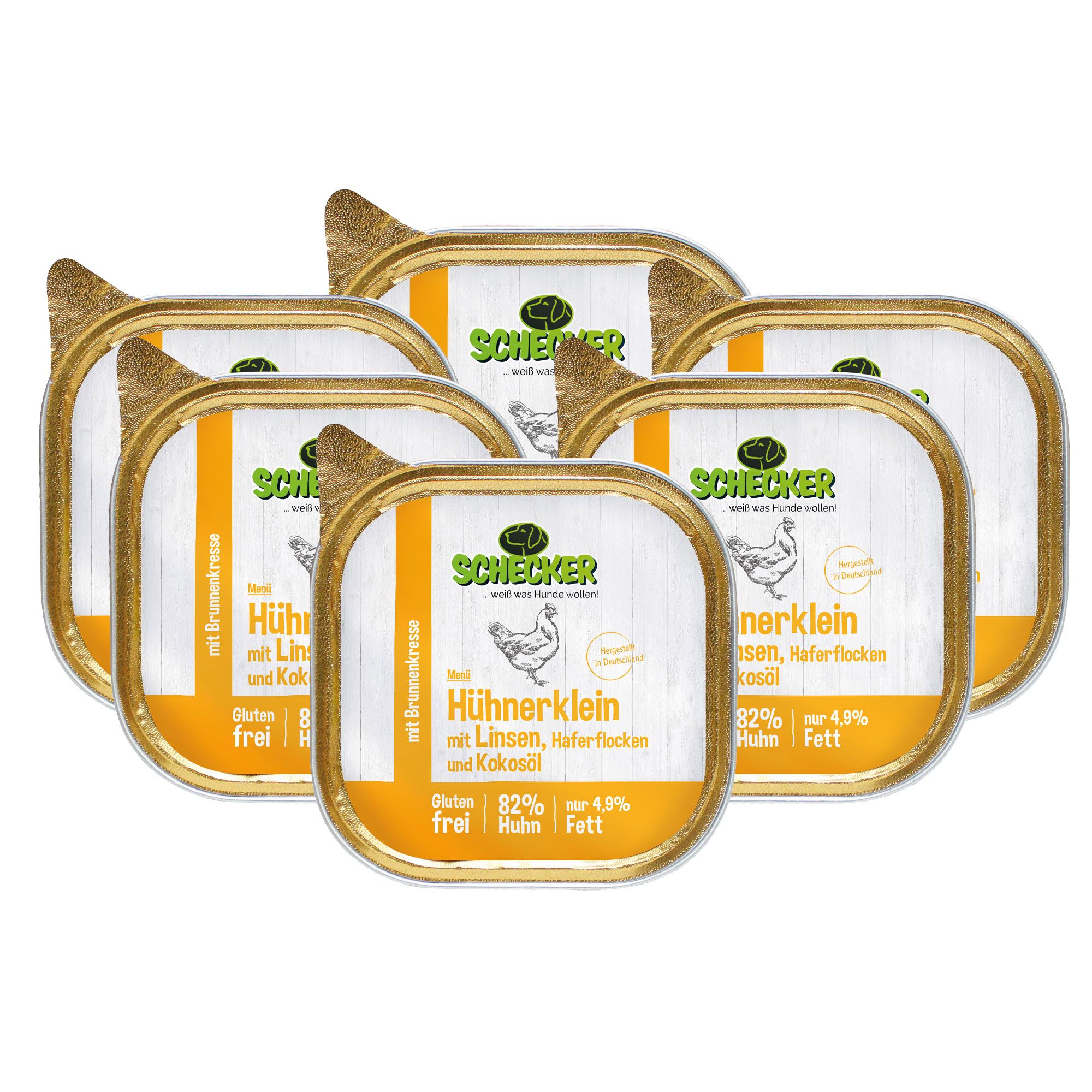 Sechs Schalen Nassfutter. Goldfarbene Deckel, weiß-orange Etiketten. Text: Hühnerklein mit Linsen, Haferflocken und Kokosöl. Glutenfrei.