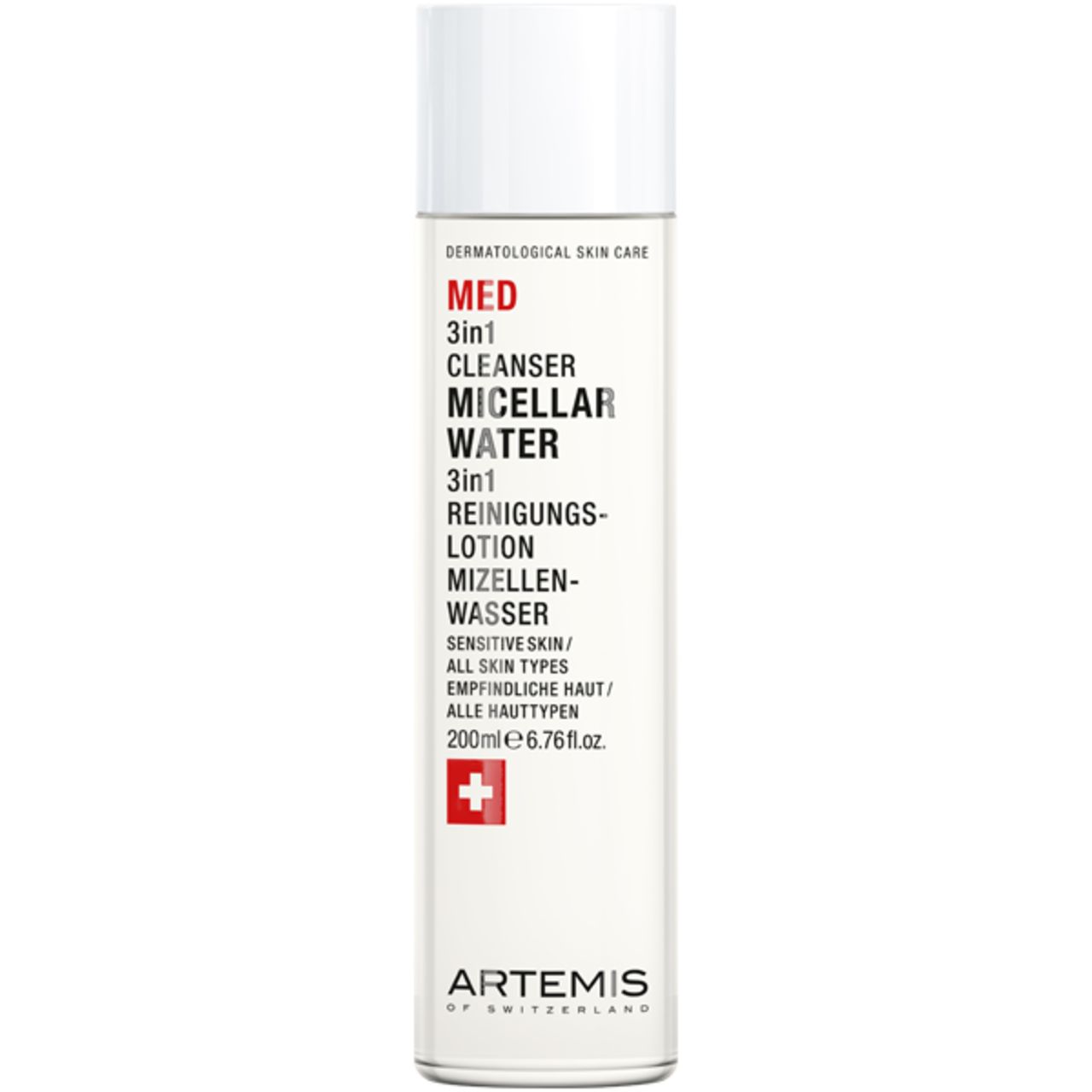 Weißes Fläschchen mit roter Aufschrift MED 3in1 Cleanser Micellar Water. Schweizer Kreuz. Marke ARTEMIS.