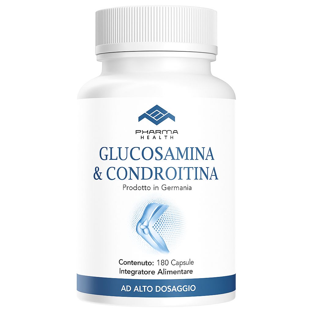 Weiße Flasche mit blauer Aufschrift. Enthält Glucosamin & Chondroitin. Marke: Pharma Health. 180 Kapseln. Hergestellt in Deutschland.