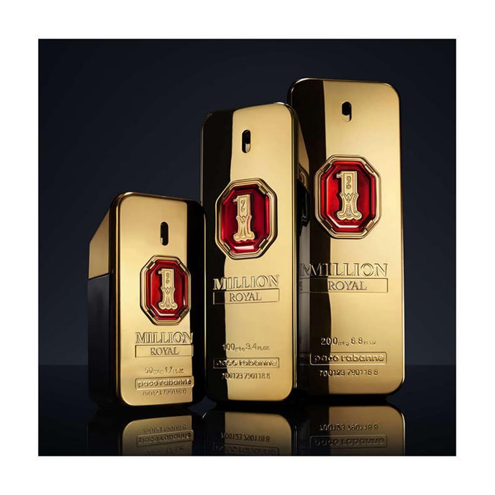 Drei goldene Flakons. Verschiedene Größen, alle mit dem Logo '1 Million Royal'.