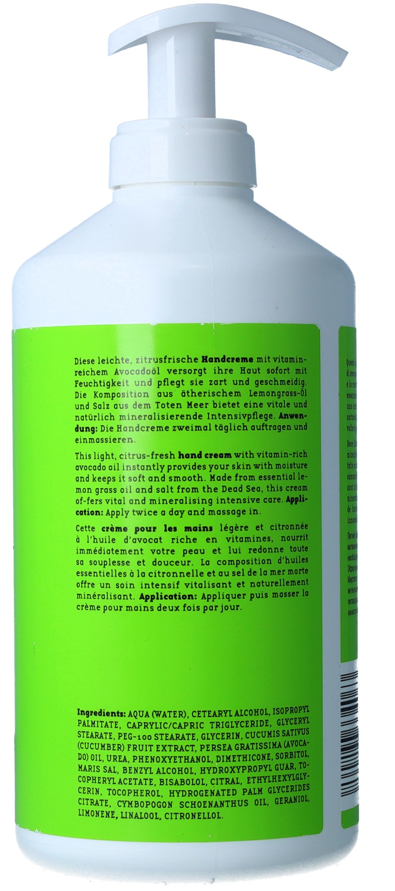 Rückseite der Flasche. Text in Deutsch, Englisch und Französisch. Zutatenliste. Aufschrift: "Baehr Beauty Concept Handcreme Lemon".