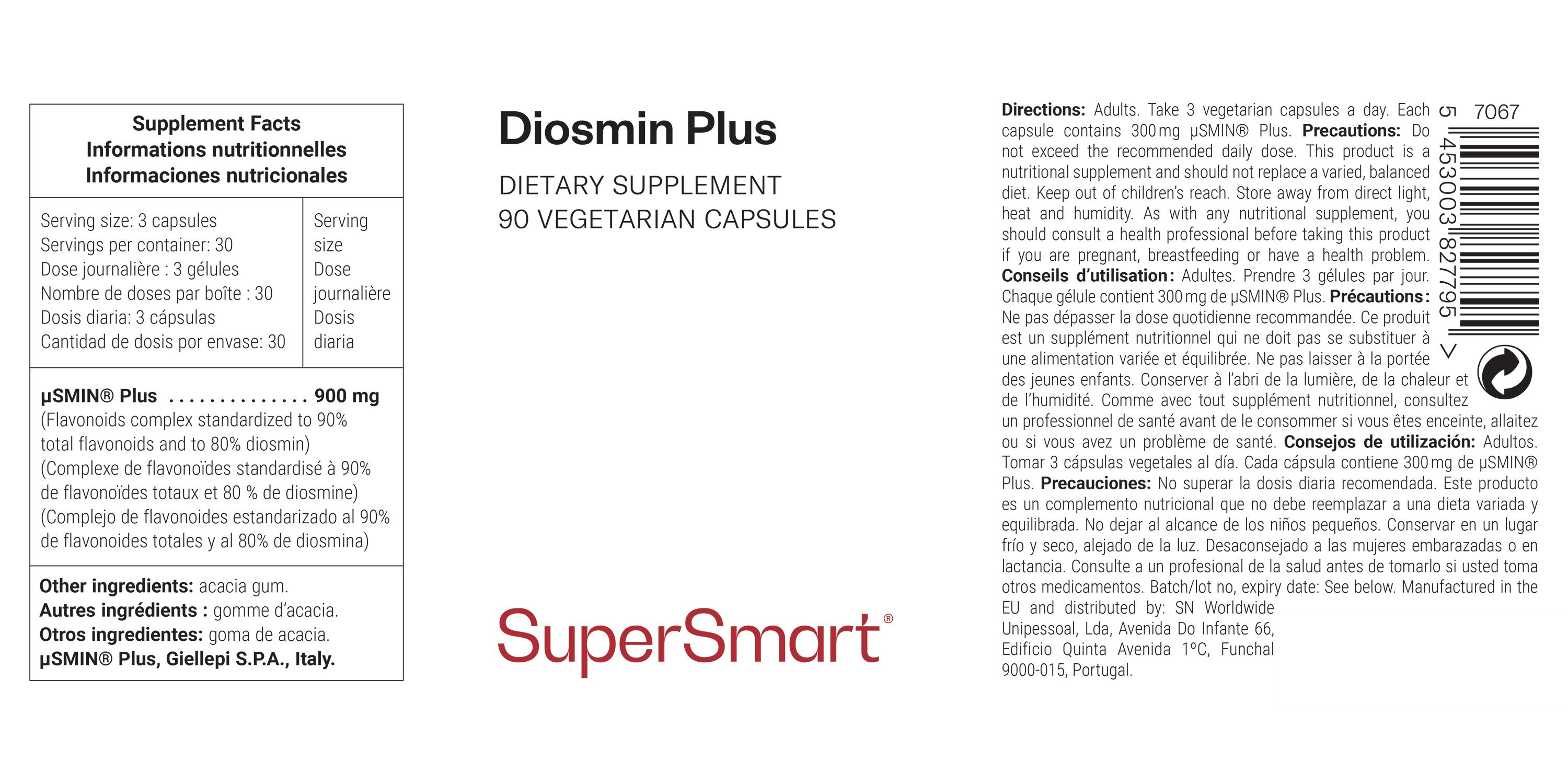 Etikett von Diosmin Plus mit Nährwertangaben und Inhaltsstoffen. Marke: SuperSmart.