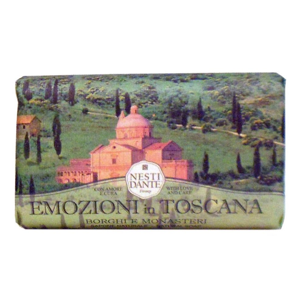 Savon avec paysage. Inscription : Emozioni in Toscana, Borghi & Monasteri. Marque : Nesti Dante.