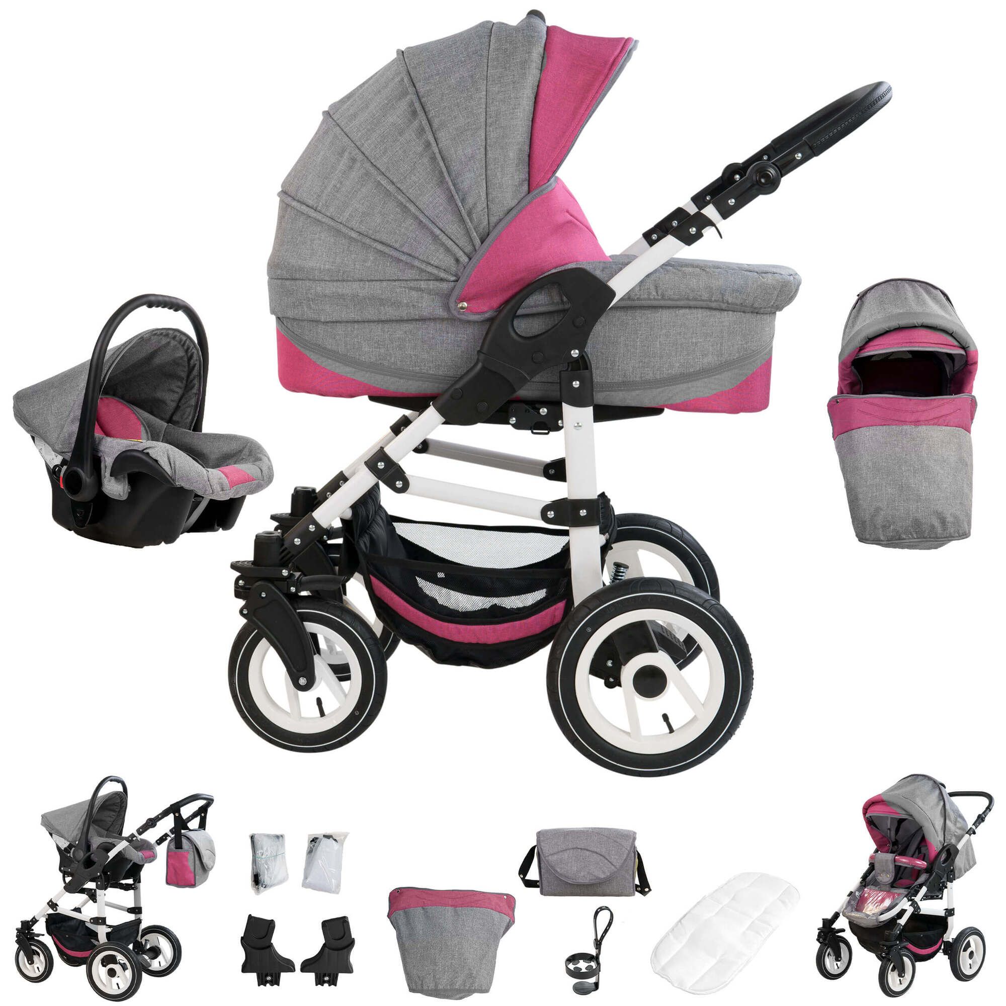 Kinderwagen-Set mit Luftreifen, grau-rosa. Enthält Babywanne, Sportwagenaufsatz, Babyschale und Zubehör. Weißes Gestell.
