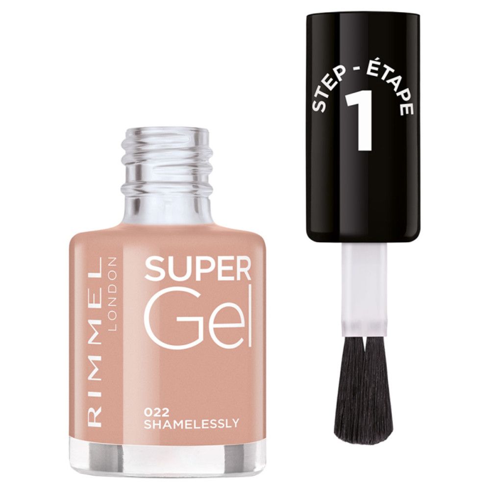 Nagellackflasche mit Pinsel. Flasche mit beigem Lack, schwarzer Kappe mit "STEP 1". Aufschrift "SUPER Gel" und "RIMMEL LONDON".