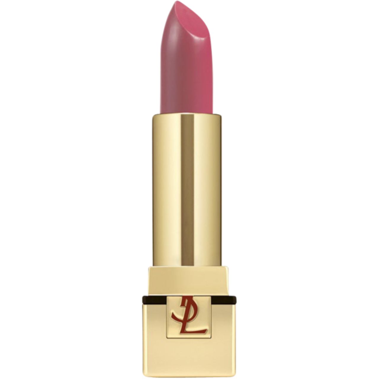 Goldfarbener Lippenstift, geöffnet. Rosafarbener Lippenstiftstift. YSL-Logo auf dem Gehäuse.