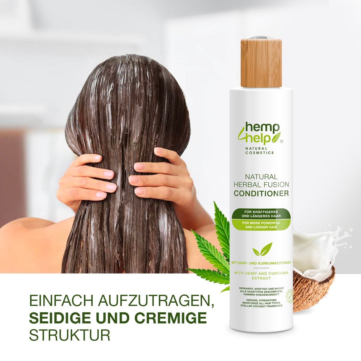 Person mit Conditioner im Haar. Flasche mit Conditioner daneben. Text: Einfach aufzutragen, seidige und cremige Struktur.