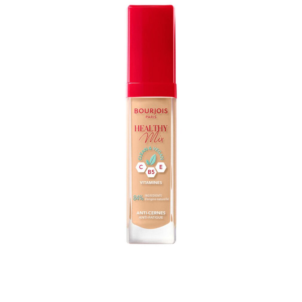 Flüssiger Concealer mit rotem Deckel. Aufschrift: Bourjois, Healthy Mix, Vitamine C, E, B5. 84% Inhaltsstoffe natürlichen Ursprungs. Anti-Cernes.