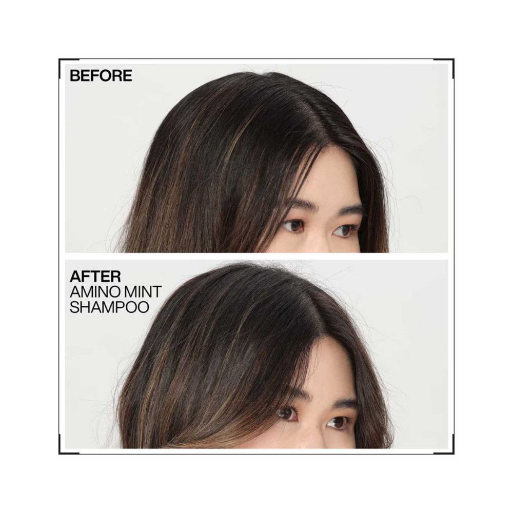 Vorher-Nachher-Vergleich. Haare vor und nach der Anwendung von Redken Amino Mint Shampoo. Deutlicher Unterschied.