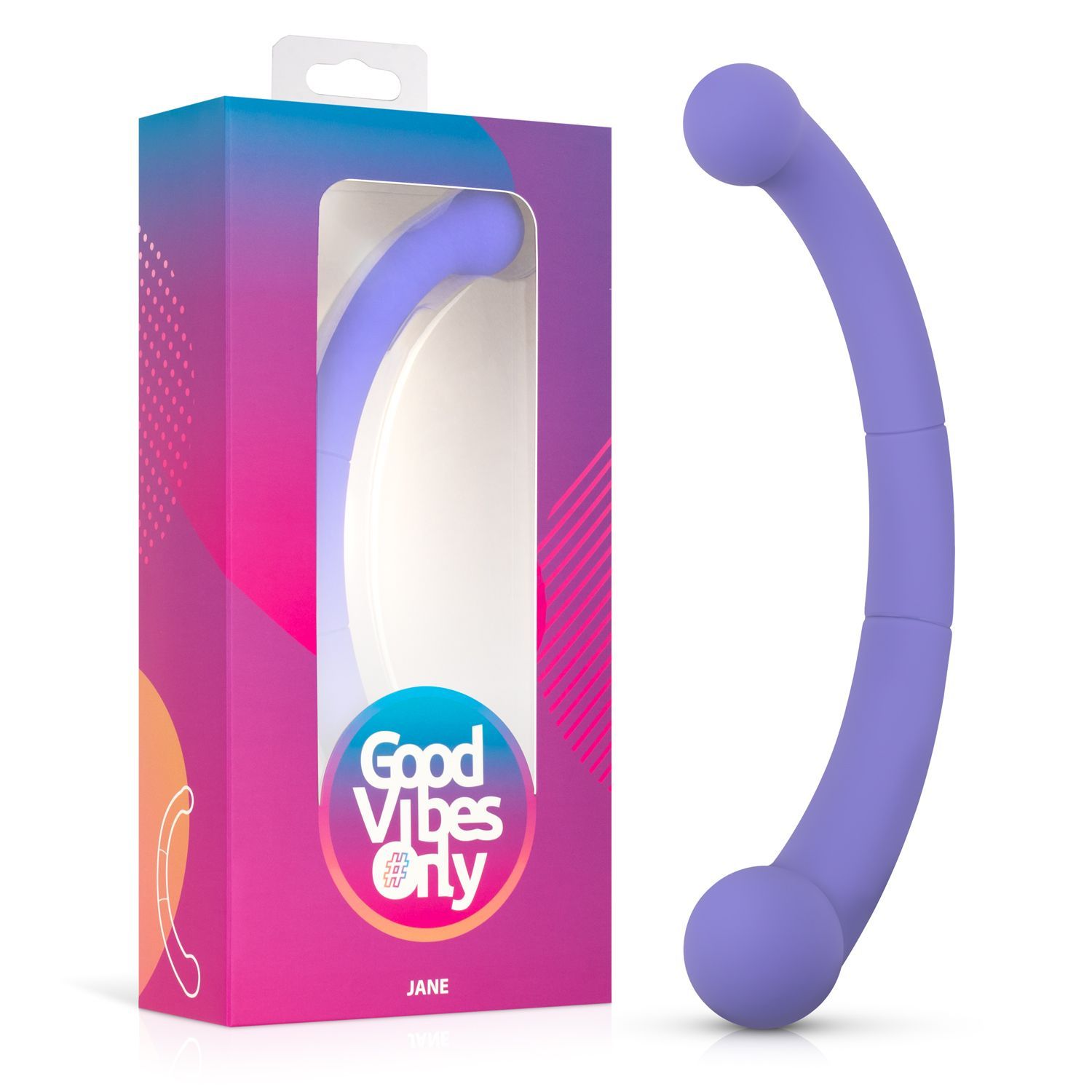 Produit de bien-être incurvé violet avec deux boules et articulations. Emballage avec logo de la marque et nom du produit.