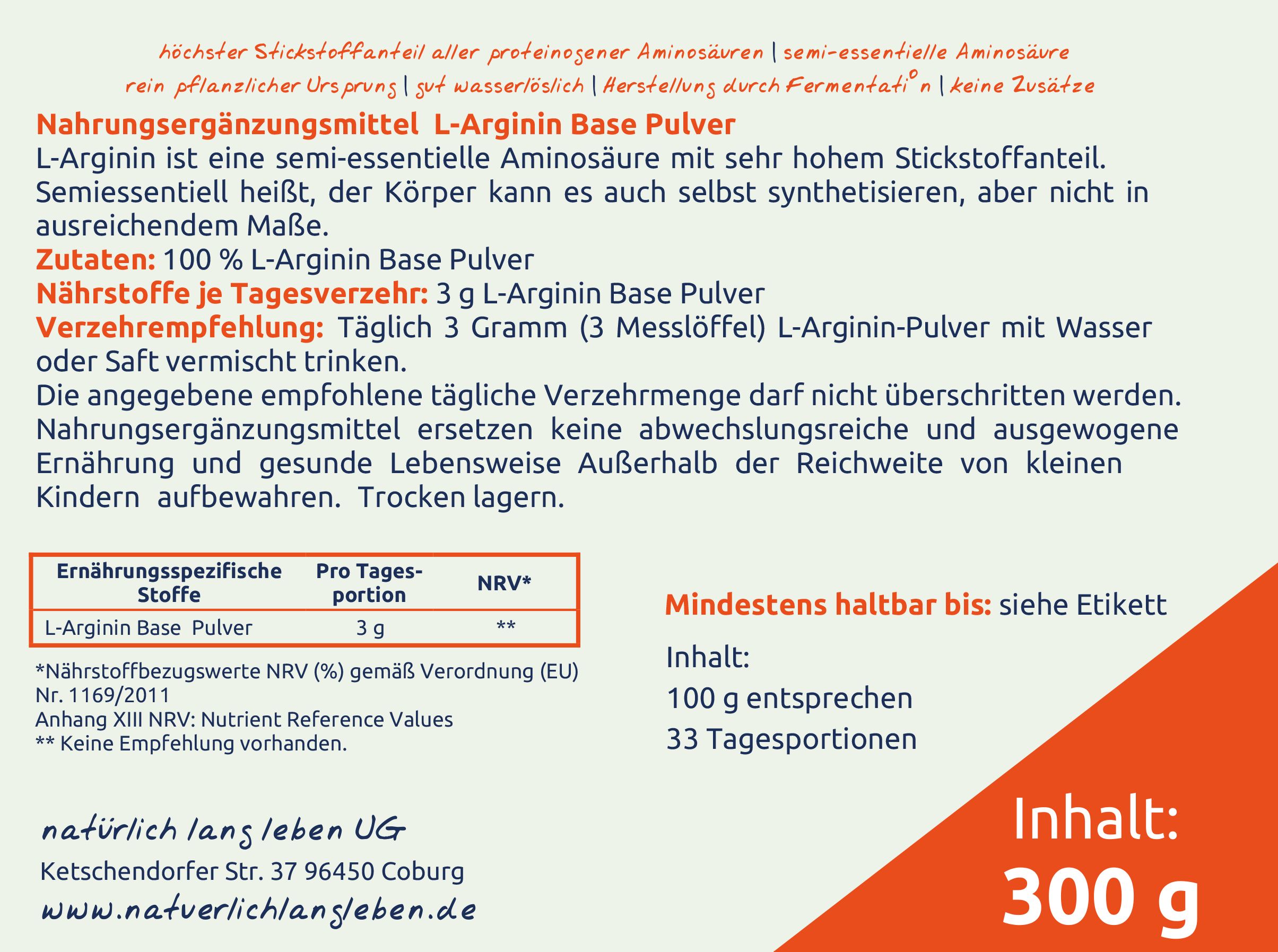 natürlich lang leben L-Arginin Base 300 g Pulver