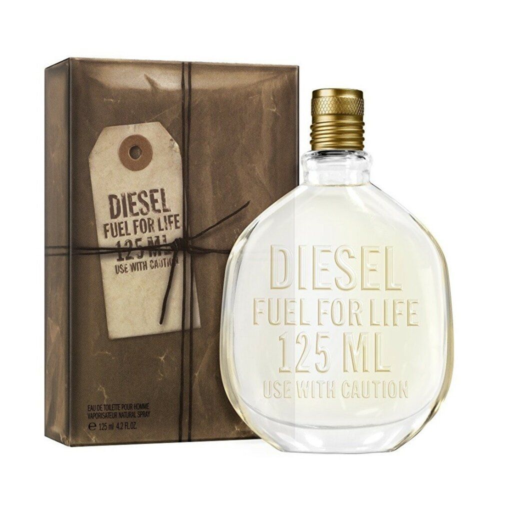 Runder Flakon mit goldfarbenem Verschluss und Verpackung. Aufschrift: DIESEL FUEL FOR LIFE 125 ML. Mit Etikett.