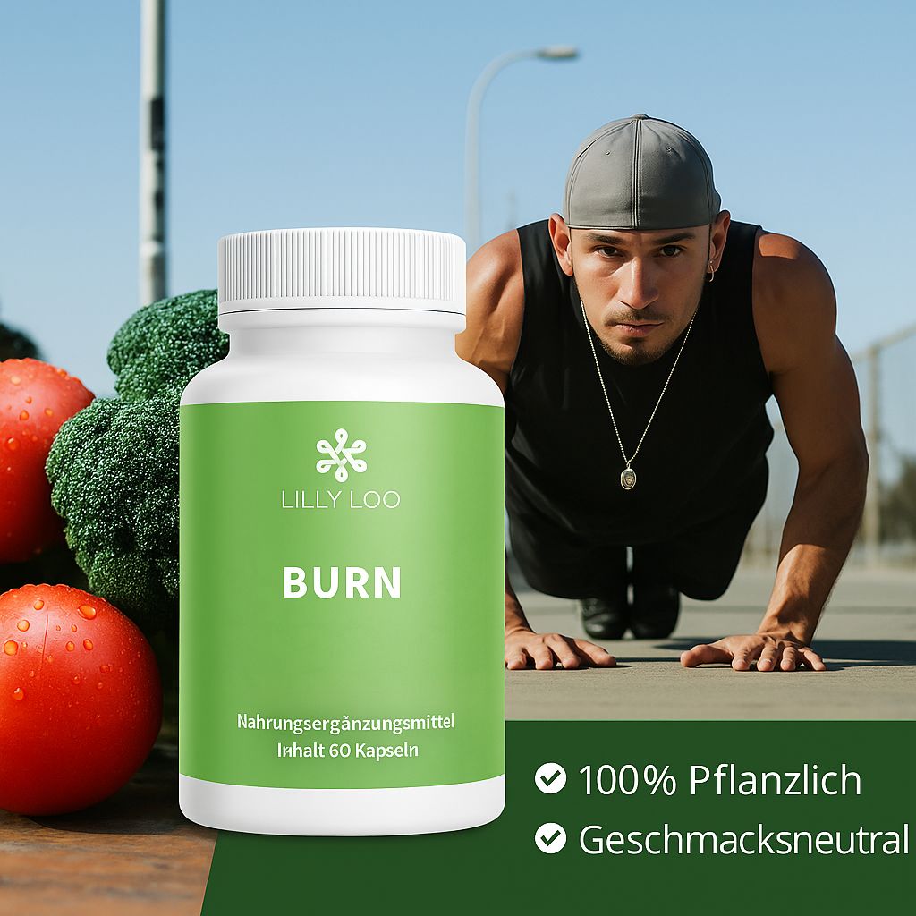 Weiße Flasche mit grünem Etikett. Aufschrift: LILLY LOO, BURN. Mann beim Training im Hintergrund. 100% Pflanzlich, Geschmacksneutral.