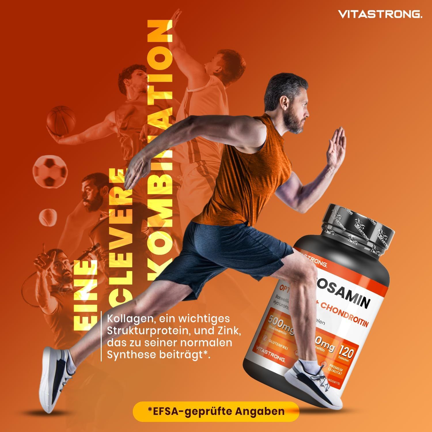 Vitastrong Glucosamin + Chondroitin. Flasche mit Tabletten. Sportler im Hintergrund. Text: Eine clevere Kombination.