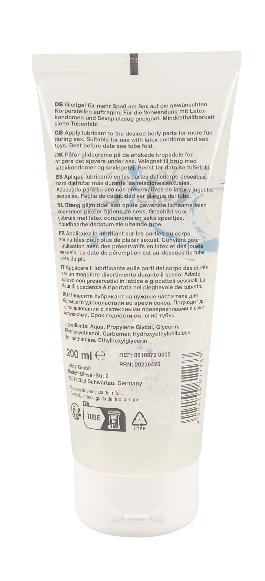 Rückseite einer Just Glide Gleitgel Tube mit Anwendungshinweisen und Inhaltsstoffen.