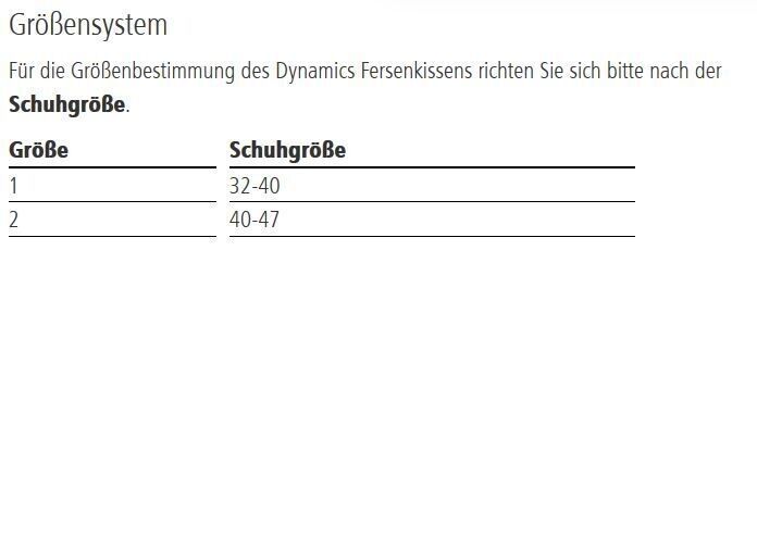 Tabelle mit Schuhgrößen. Überschrift: Größenbestimmung. Spalten: Größe, Schuhgröße. Zeilen: 1 (32-40), 2 (40-47).
