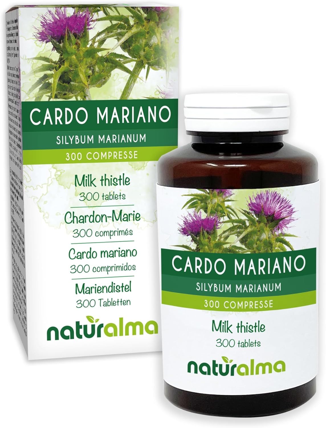 Produkt: Cardo Mariano Silybum marianum Tabletten. Flasche und Schachtel. 300 Tabletten.