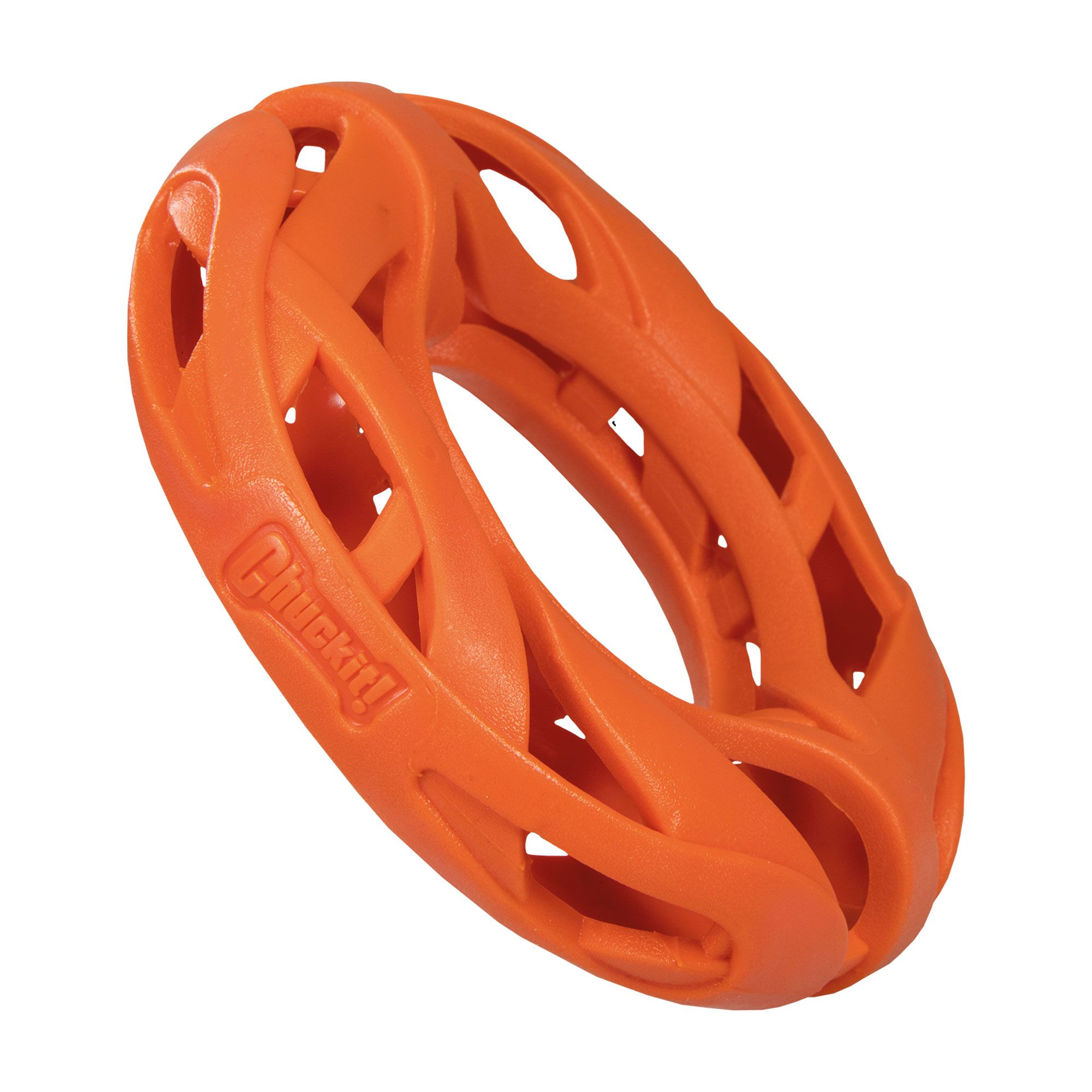 Orangefarbener Ring mit Löchern. Aufschrift 'Chuckit!'