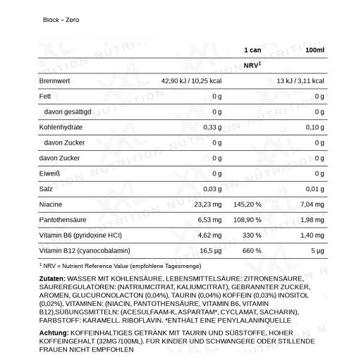 Nährwerttabelle für XXL Nutrition Energize White. Angaben pro Dose und pro 100ml. Enthält Nährwerte und Zutaten.