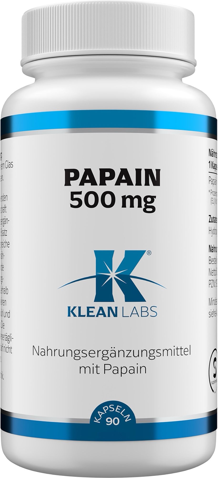 Weiße Kapsel mit blauem Etikett: PAPAIN 500 mg, Klean Labs. Enthält 90 Kapseln.