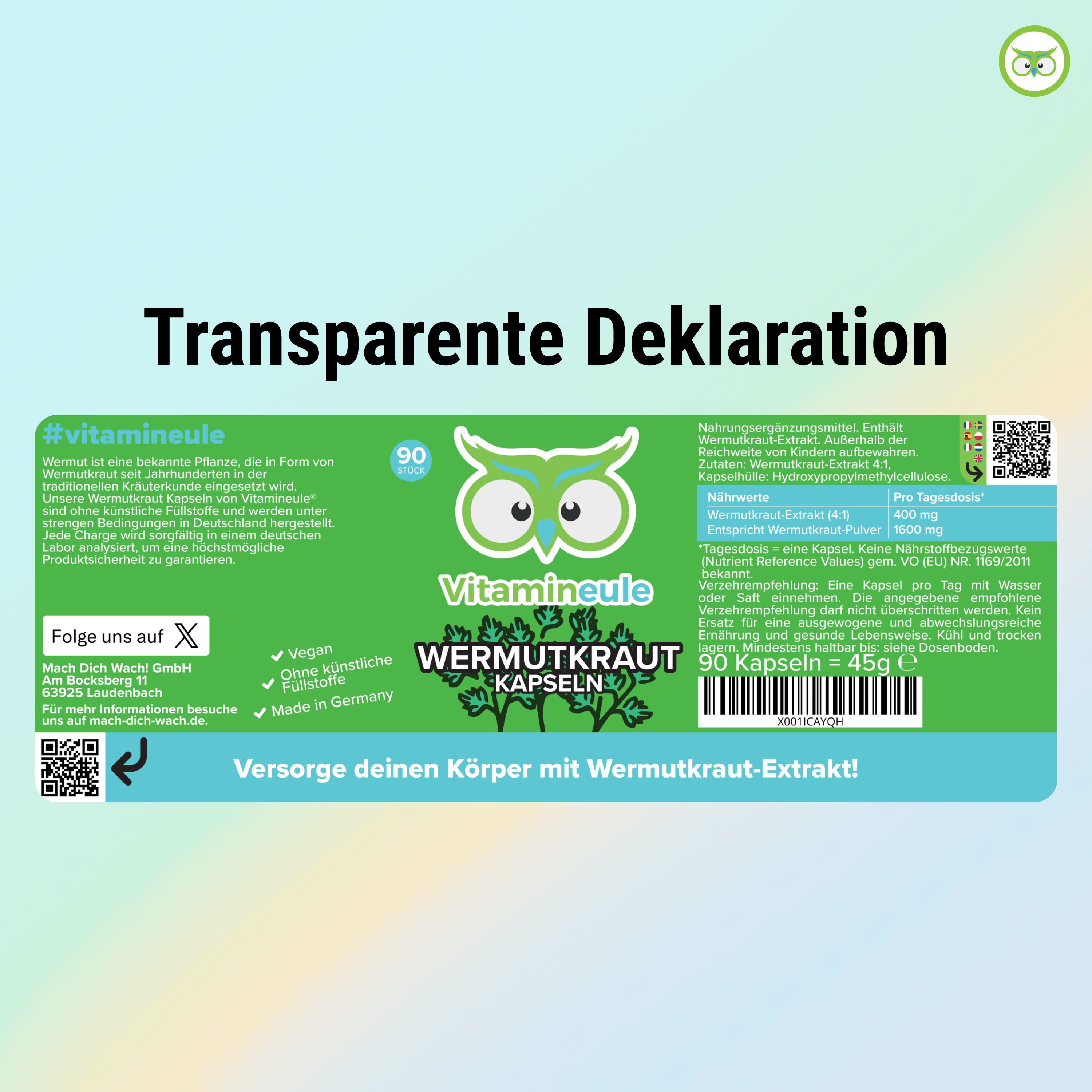 Etikett mit Produktinformationen. Marke: Vitamineule®. Enthält Wermutkraut Kapseln. 90 Kapseln. Transparente Deklaration.