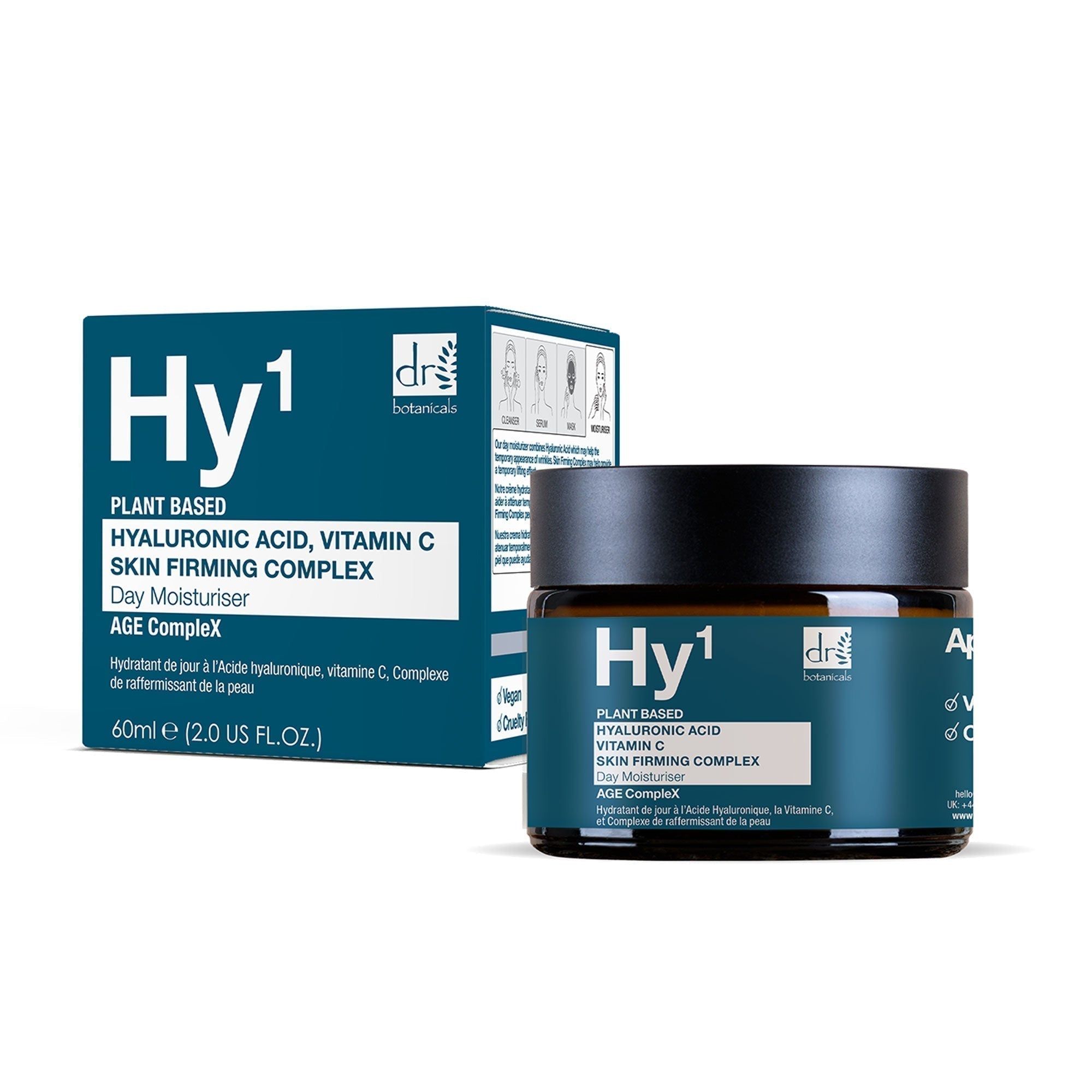 Tiegel und Verpackung. Aufschrift Hy1, Dr Botanicals. Blaue Verpackung mit Text. Aufschrift: Plant Based, Hyaluronsäure, Vitamin C, Tagescreme.