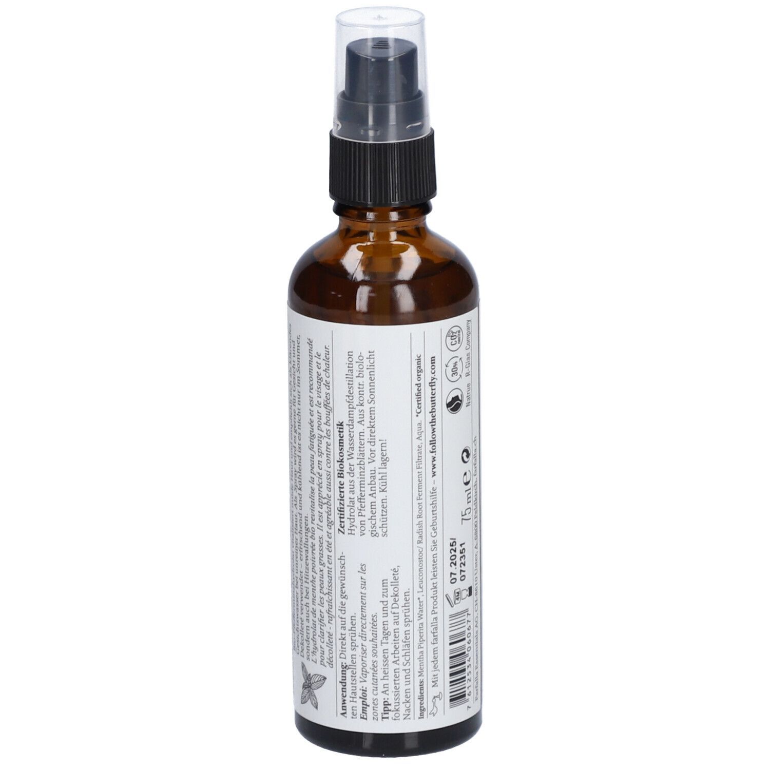 Braune Glasflasche mit Sprühkopf. Etikett mit Produktinformationen und Text. Gebrauchsanweisung und Inhaltsstoffe.