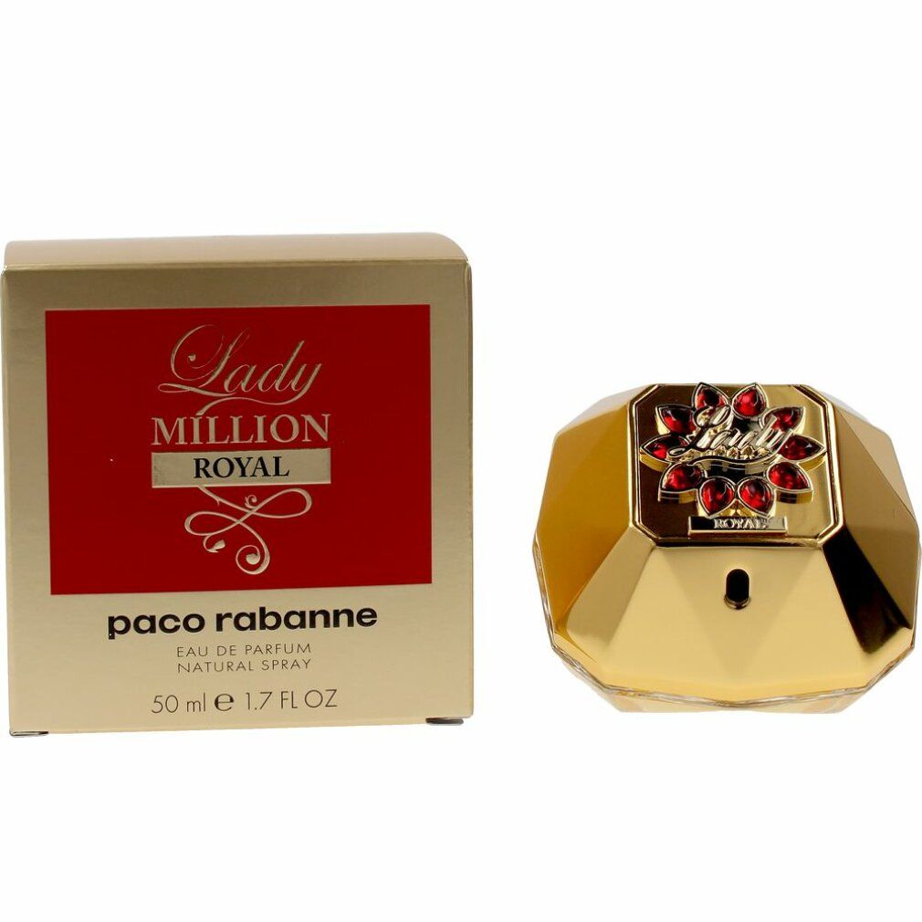 Lady Million Royal Flakon und Verpackung. Goldfarbener Flakon, rote Verzierung.