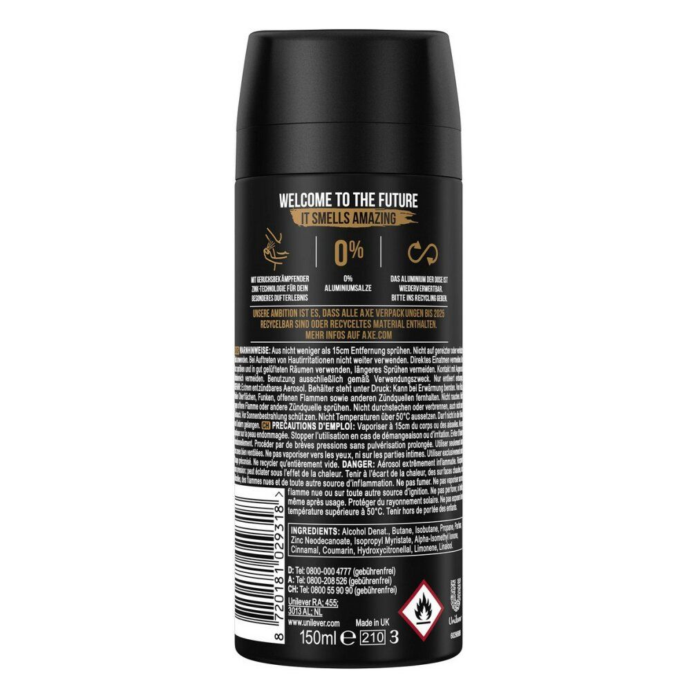 Rückseite einer Axe Kollision Deodorant-Bodyspray-Dose. Text und Informationen zu Inhaltsstoffen.