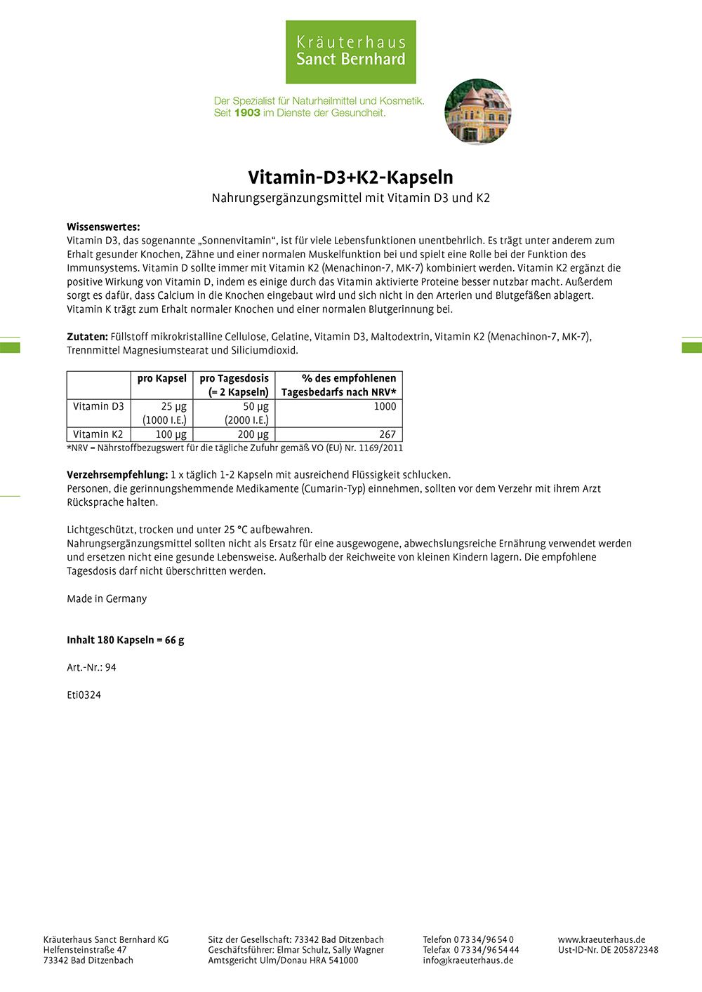 Sanct Bernhard Vitamin-D3+K2-Kapseln