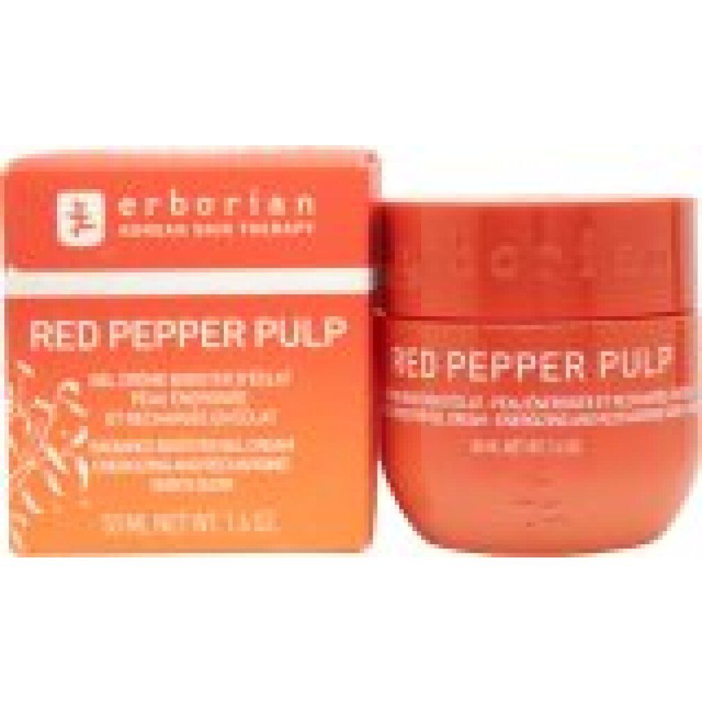 Roter Tiegel und Schachtel. Aufschrift: RED PEPPER PULP. Marke: Erborian. Gel-Creme. 50 ml.