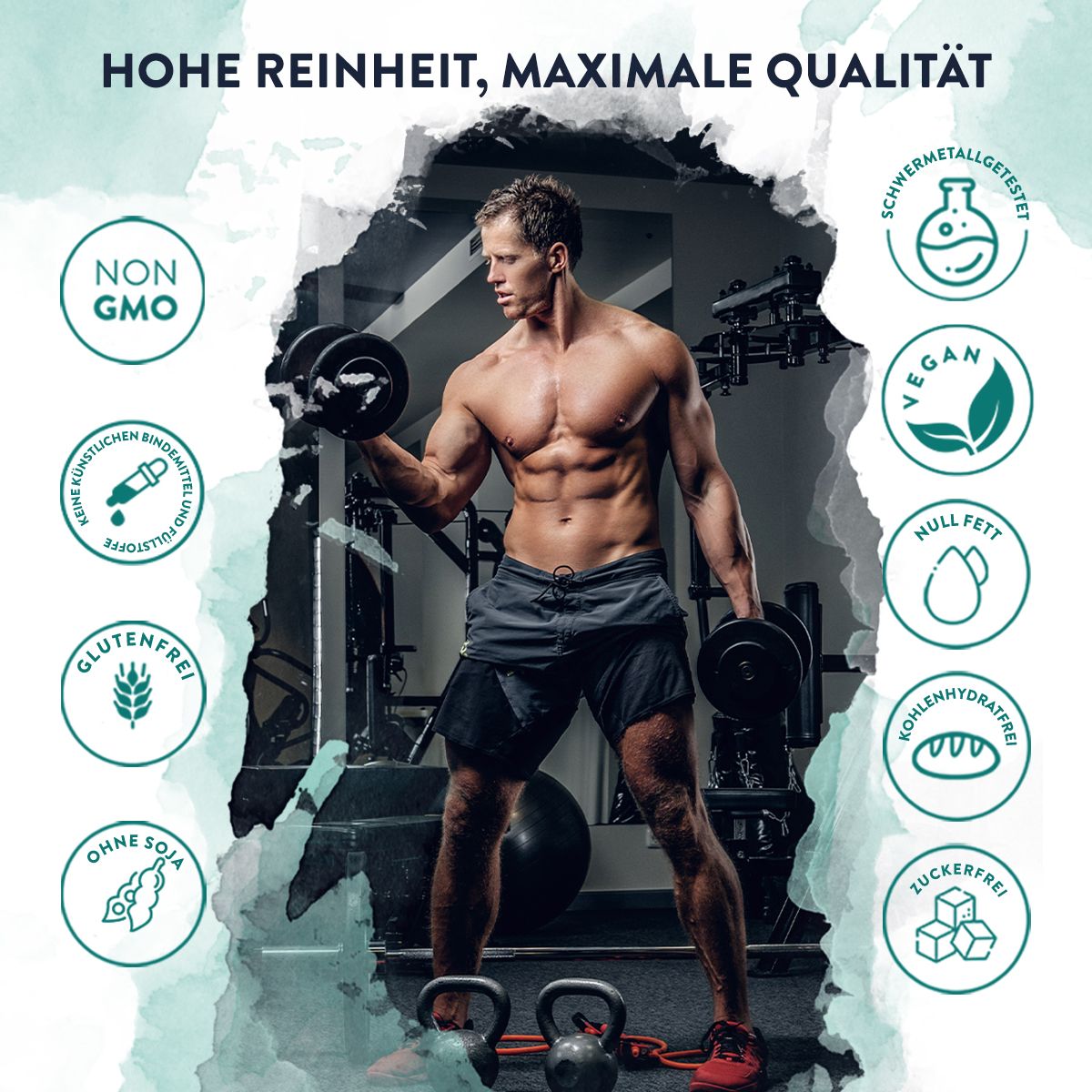 Muskulöser Mann mit Hanteln. Icons: vegan, glutenfrei, zuckerfrei, ohne Fett, ohne Soja.