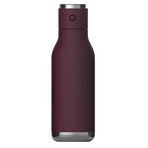 Bordeauxfarbene Trinkflasche mit silbernen Akzenten. Oben ein Knopf und ein silberner Deckel. Zylindrische Form.