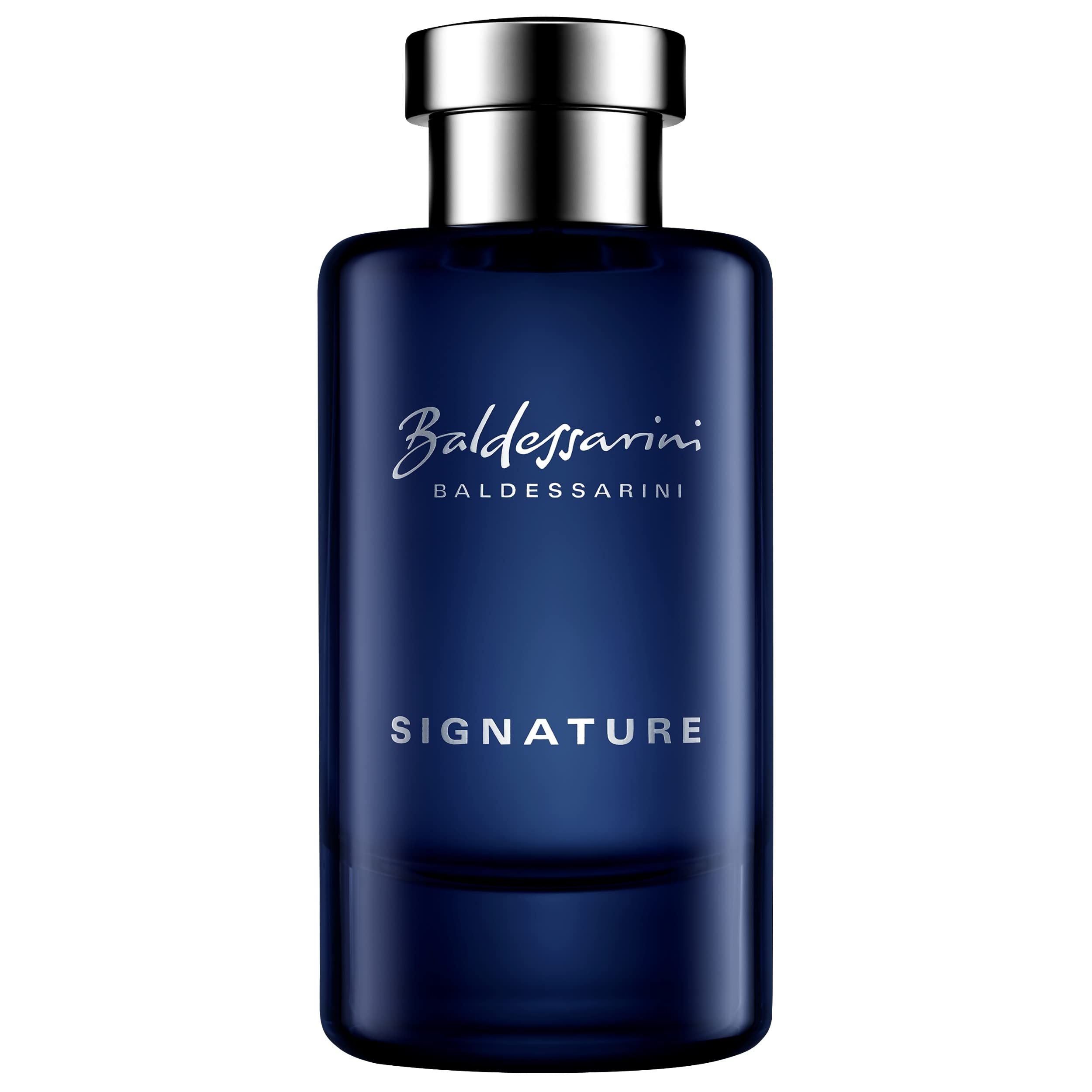 Dunkelblaue Glasflasche mit silbernem Verschluss. Baldessarini Signature Aufschriften.