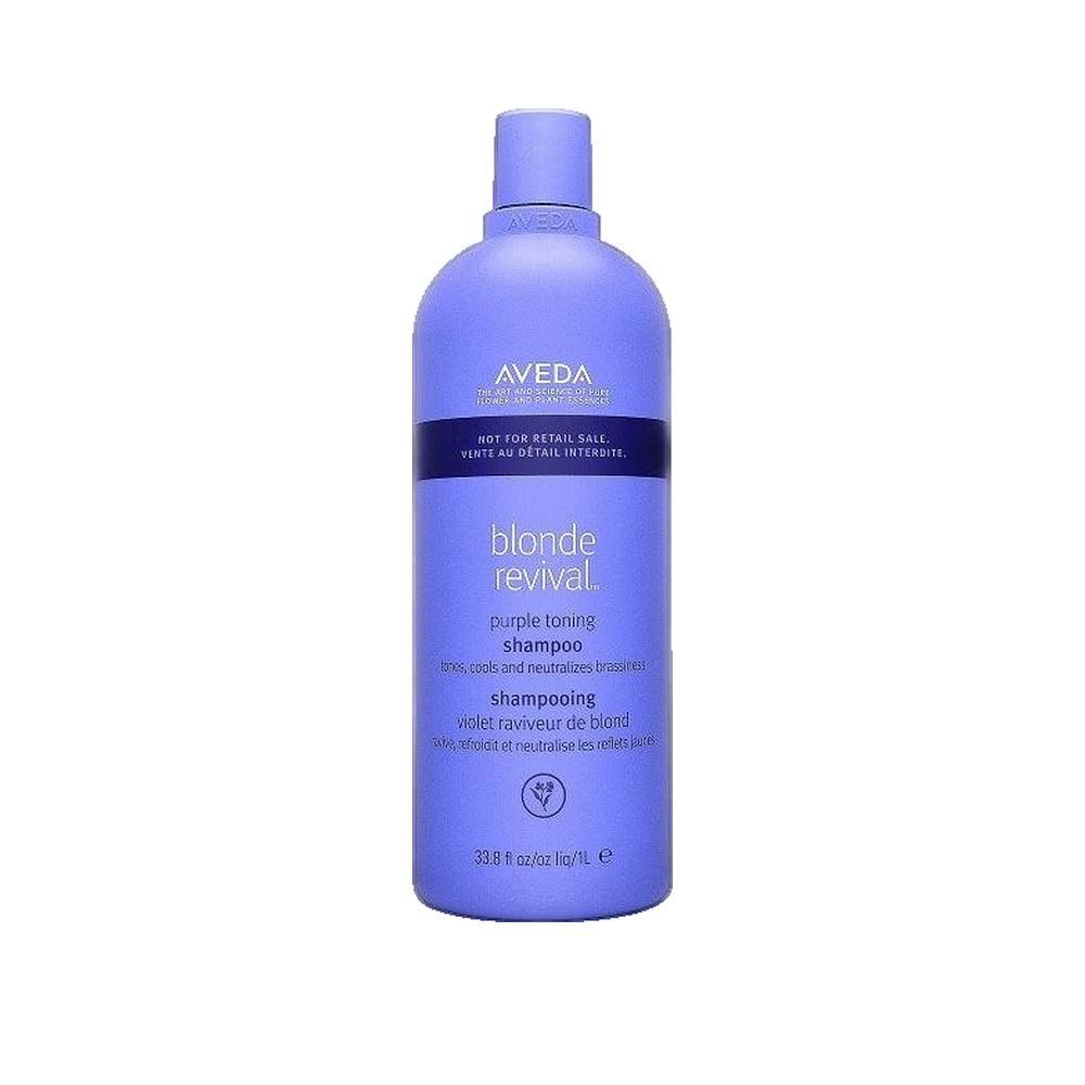 Flasche Aveda Blonde Revival Shampoo. Lila Flasche mit weißer Schrift. Enthält Produktnamen und Text in Englisch und Französisch.