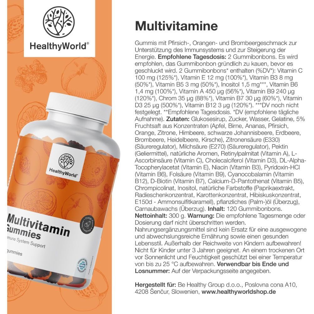 Flasche Multivitamin Gummies und Text. Text: Inhaltsstoffe, Nährwertangaben, Warnhinweise. Logo: HealthyWorld.