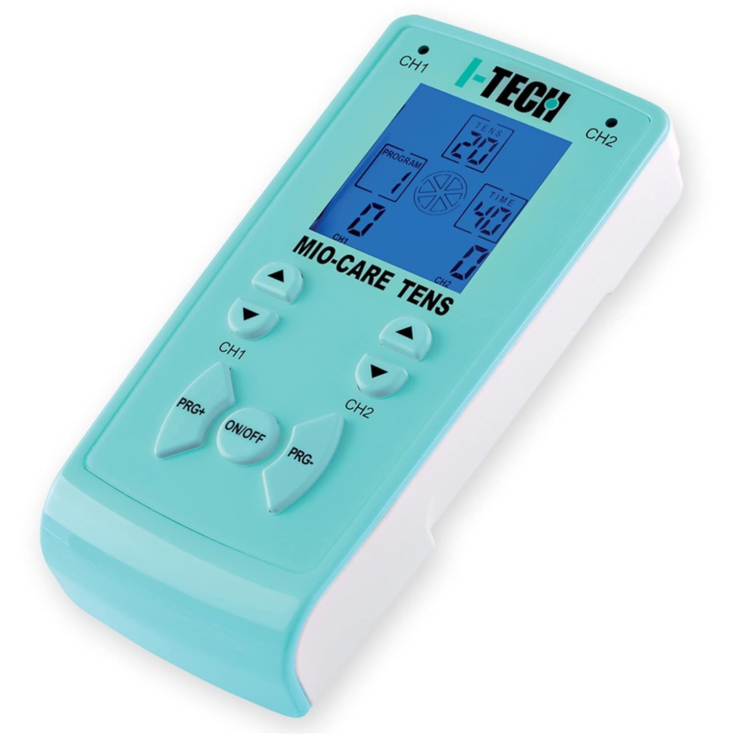 Elektrotherapiegerät mit Display und Knöpfen. Anzeige von Programmen und Zeit. Marke: I-Tech, Modell: Mio-Care TENS.