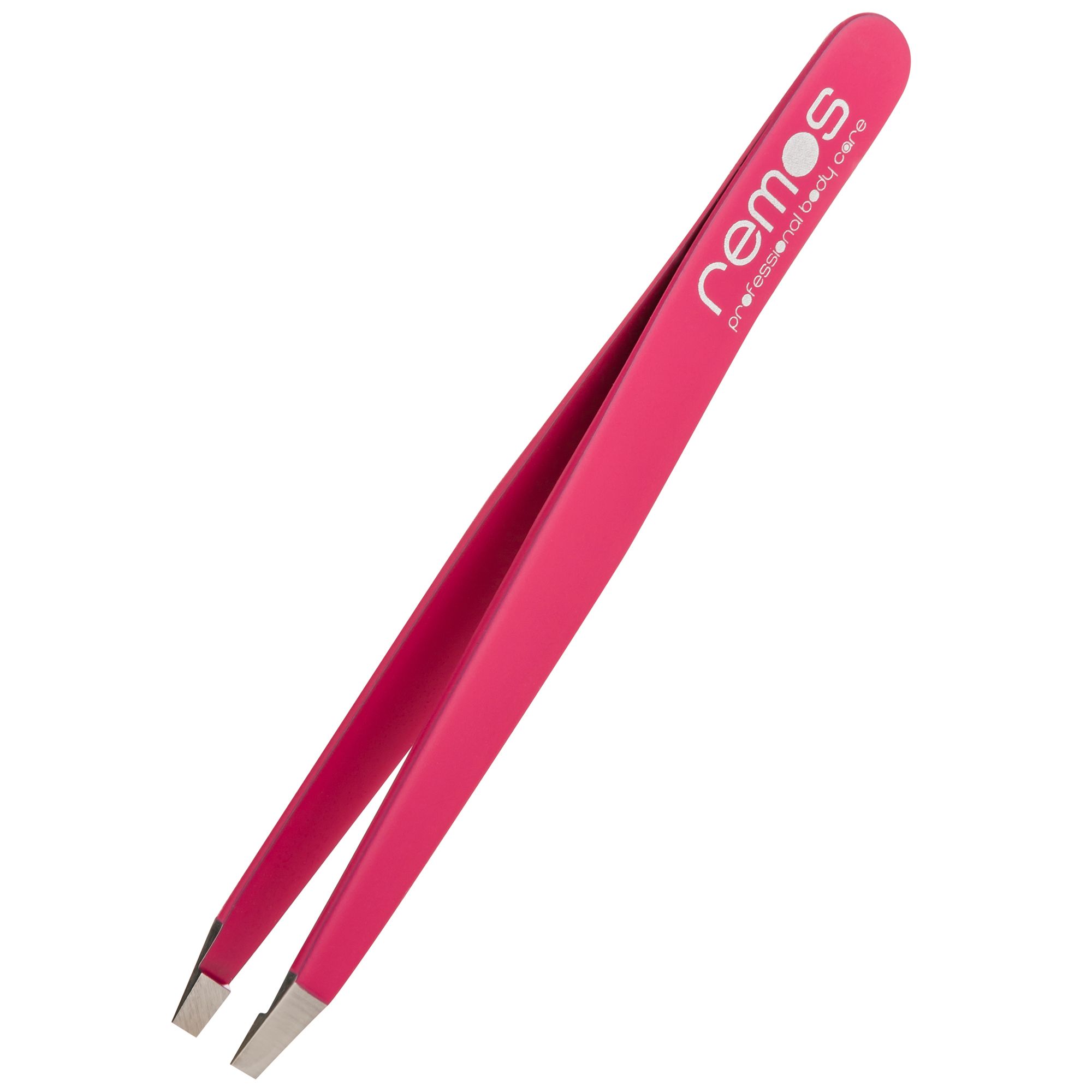 Fuchsiafarbene Edelstahl-Pinzette mit gerader Spitze und Remos Logo.