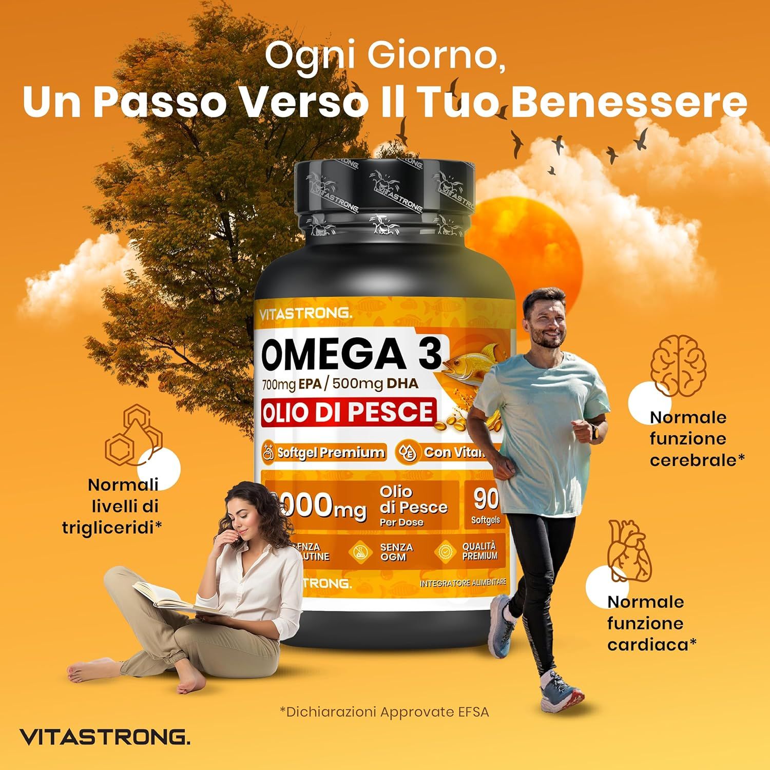 Vitastrong Omega 3 Flasche. Mann joggt, Frau liest. Grafiken: Gehirn, Herz, Triglyceride. Text: 'Un passo verso il tuo Benessere'.